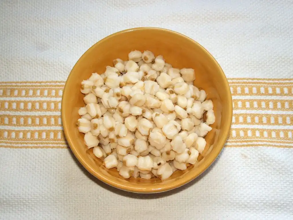 Разбухшие бледные зёрна кукурузы без кожуры, крупным планом