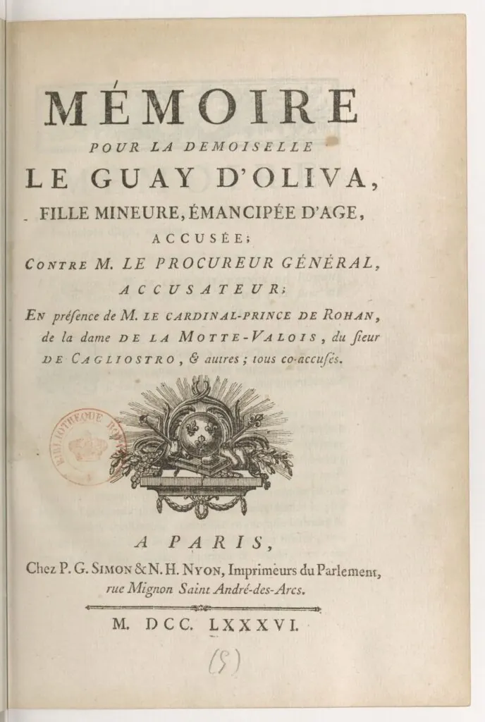 Титульный лист старинной книги: крупная надпись «Mémoire pour la demoiselle Le Guay d'Oliva», ниже виньетка с гербом и выходные данные «A Paris, chez P. G. Simon & N. H. Nyon, M. DCC. LXXXVI»
